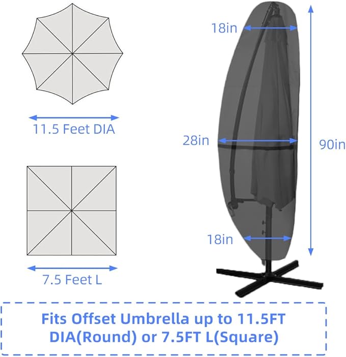 Patio Umbrella Parasol Cover - 600D Waterproof, Cantilever Offset Umbrella Cover with Sturdy Zipper, Anti-UV Outdoor Umbrella Cover Fits for 7.5-11.5 Feet（Black）