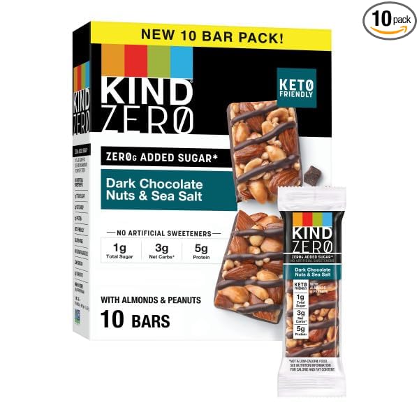 KIND ZERO Added Sugar Bars, Keto Snack, Dark Chocolate Nuts and Sea Salt, Good Source of Fiber, Gluten Free, Low Sugar, 6g Protein, 10 Count