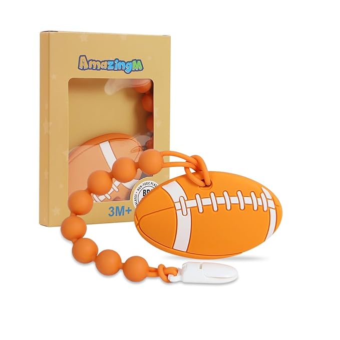 Baby Food Grade Silicone Sport Ball Teether Toy with Pacifier Clip Holder,Teething Pain Relief Toys Gift Set for 3 Months+ Boys and Girls,Freezer Safe,BPA Free. (American Football)