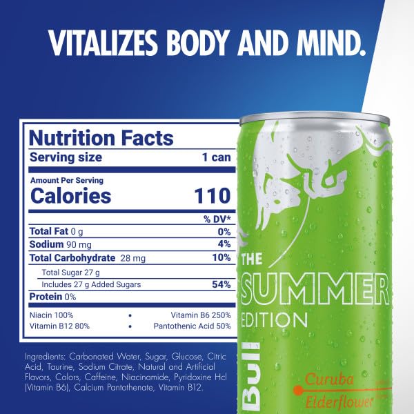 Red Bull Green Edition Energy Drink, Curuba Elderflower, with 80mg Caffeine plus Taurine & B Vitamins, 8.4 Fl Oz, Pack of 24 Cans