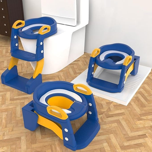 3-in-1 Toddler Potty Training Toilet with Ladder, Easy Assembly, Collapsible Potty Training Seat, Anti-slip Foldable Toddler Toilet Seat with Adjustable Step Stool For Kids Boys And Girls (Blue)