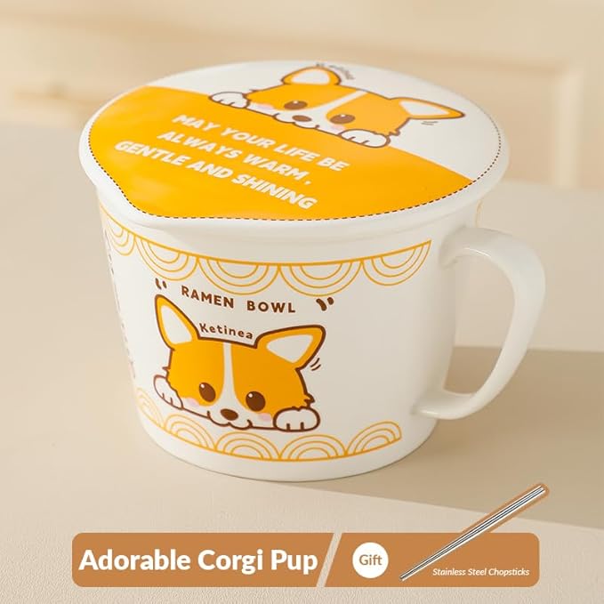 34oz Ceramic Ramen Bowl Set Charming, Lid, Handle, and Stainless Steel Chopsticks Elevate Your Noodle Experience Ideal Gift for Teens and Kids (corgi)