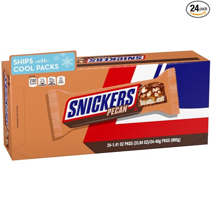SNICKERS Pecan Milk Chocolate Candy Bar - Full Size Chocolate Candy Bars, Bulk Box Individually Wrapped, 24-Pack