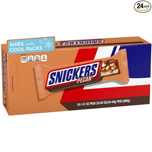 SNICKERS Pecan Milk Chocolate Candy Bar - Full Size Chocolate Candy Bars, Bulk Box Individually Wrapped, 24-Pack
