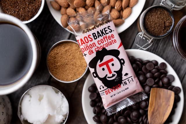 Taos Bakes - Coffee + Dark Chocolate - Breakfast Bar - 8g of Protein, 6g Fiber, & Gluten Free - Healthy Snack for Adults - Filled with PIne Nuts, Almonds, Chocolate, & Chia Seeds - 12 Pack, 1.8oz ea