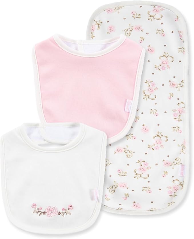 Little Me Clothes for Baby Boys’ and Girls’ 2 Bibs and 1 Burp Cloth Set, Soft Cotton Feeding Essentials with Velcro Closures