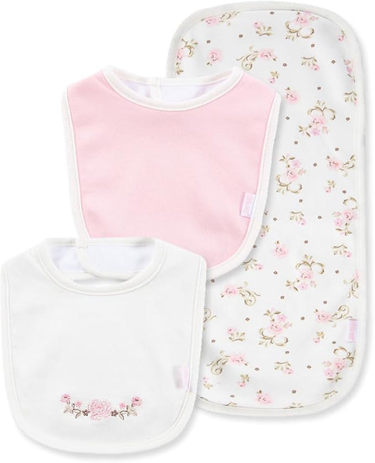 Little Me Clothes for Baby Boys’ and Girls’ 2 Bibs and 1 Burp Cloth Set, Soft Cotton Feeding Essentials with Velcro Closures