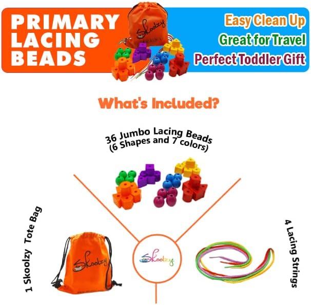 Skoolzy Rainbow Lacing Beads & Nuts and Bolts - 24 Piece Shape Sorter and 37 Piece Color Recognition Montessori Toy Sensory Bundle for 36+ Months Toddlers & Occupational Therapy Fine Motor Skills Game