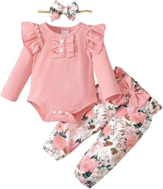 Newborn Baby Girl Clothes Infant Girl Outfits Long Sleeve Ruffle Romper + Floral Pants + Headband Set