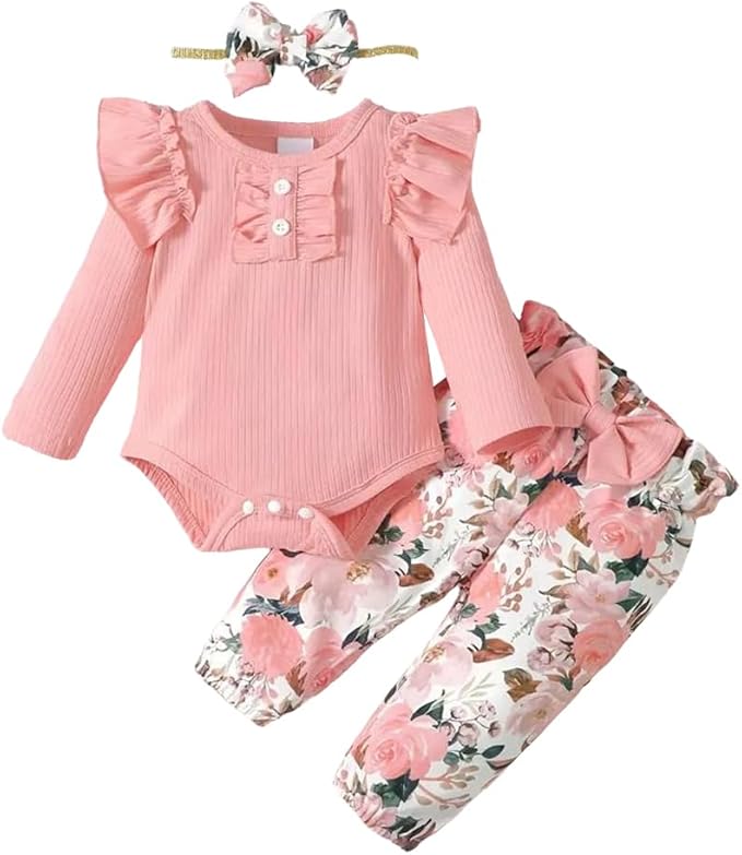Newborn Baby Girl Clothes Infant Girl Outfits Long Sleeve Ruffle Romper + Floral Pants + Headband Set