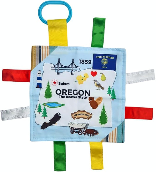 Baby Jack & Co 8x8” Learning Lovey Oregon State Tag Stroller Toy for Babies - Crinkle Toys for Developing Five Senses - Learn About Capitals - Travel with Baby Jack - BPA Free Clip