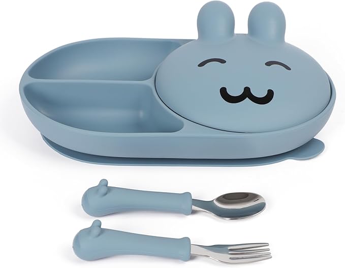 Silicone Baby Plate,Toddler plates,Self-feeding of infants after weaning, 100% Food Grade Silicone, BPA Free, Including Fork and Spoon, Baby Plates With Suction, Divided Plate for Babies(blue)