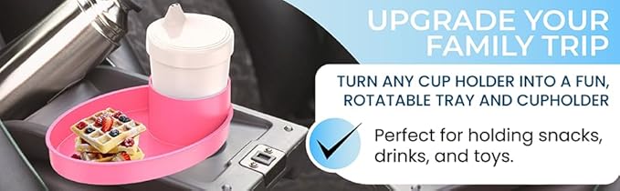 Complete Kids Travel Tray Kit - Easily Expands Cup Holder into 360° Cup & Travel Tray for Kids Car Seat, Booster, and Stroller - Toddler Road Trip Essentials Set Includes Coaster & Brush (Pink)
