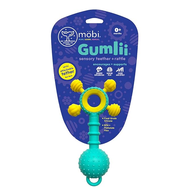 Mobi Gumlii Sensory Teether Toy - Rattle Baby Teething Toy, Food Grade Silicone Newborn Baby Sensory Teether, BPA and Phthalate Free - for 0-6 Months Newborns