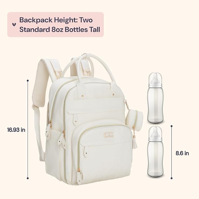 BabbleRoo Leather Diaper Bag Backpack - Baby Essentials Travel Baby Bag, Multi function, Water Resistant, with Changing Pad, Stroller Straps & Pacifier Case – Unisex, Eggshell White