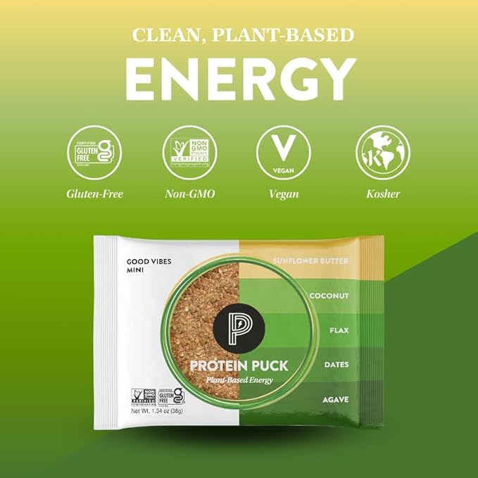 Protein Puck Vegan Plant based Protein Bar – Natural Healthy Snack Bars, 12 Count, 1.34oz Mini, Gluten Free, Dairy Free, No GMO, Kosher – Good Vibes - Coconut, Almonds, Dates, Sport Nutrition