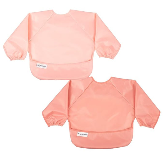 Tiny Twinkle Mess Proof Baby Bibs, 2pk Waterproof Smock Baby Bibs for Eating, Machine Washable Long Sleeve Bibs, Baby Led Weaning, Toddler Bibs, BLW Supplies (Peach Terracotta, Large 2-4 Years)