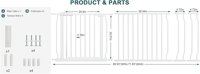 Extra Wide Baby Gate Tension Indoor Safety Gates White Metal Large Pressure Mounted Pet Gate Walk Through Long Safety Dog Gate for The House Doorways Stairs (66.93"-71.65"/170-182CM, White)