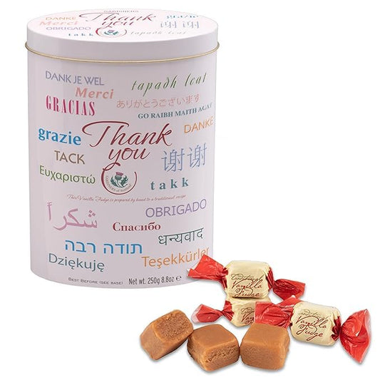 Gardiners of Scotland Handmade Fudge 250g Tin, Thank You Languages Vanilla Fudge (Pack of 4)