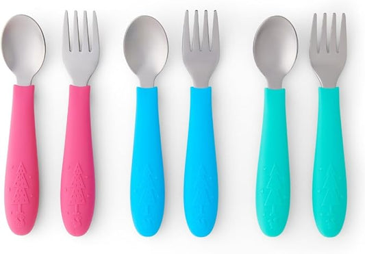 Elk and Friends Kids Silverware with Silicone Handle | Childrens Safe Flatware | Toddler Utensils | Baby Spoons + Forks | Stainless Steel Cutlery
