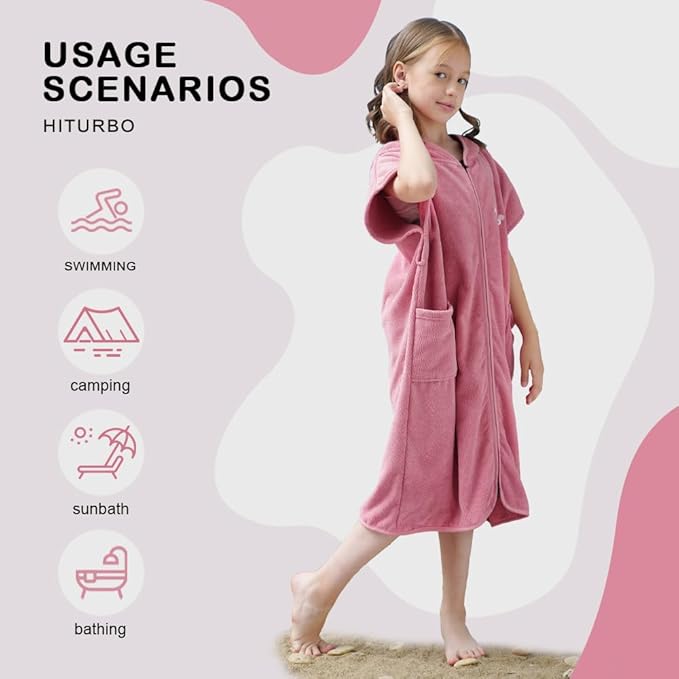 Hiturbo Kids Bath Towel Hoodie: Absorbent Quick Dry Zipper Surf Poncho - Changing Towels Swimming Outerwear (Pink)