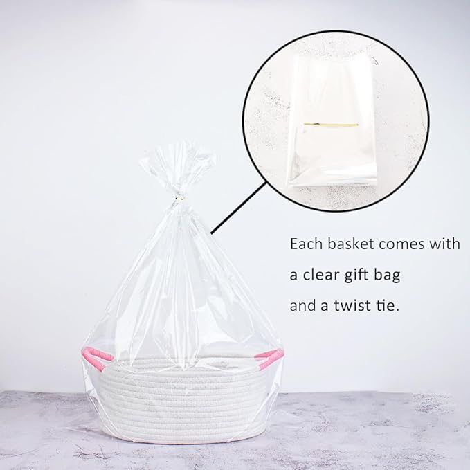 Yimi's Dream Baskets for Gifts Empty, Small Storage Baskets for Shelf, Decorative White Woven Baskets with Pink Handle for Mom, Nursery, Baby Shower, Christmas(Oval, 12"x 8"x 5")