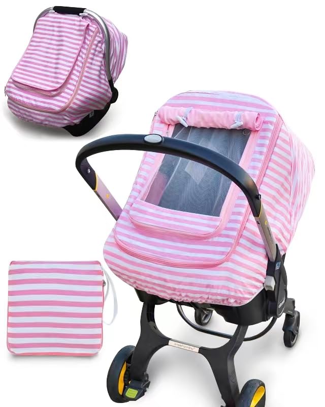 Car Seat Covers for Babies,Baby Car Seat Cover for Boys Girls, Windproof Infant Carseat Cover,Kick-Proof Car Seat Canopy with Breathable Mesh Peep Window(Pink Stripe)