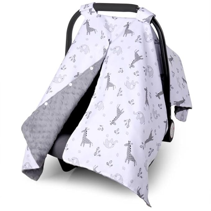 Metplus 2 in 1 Baby Car Seat Cover, Car Seat Canopy for Babies, Mom Nursing Cover, Minky Baby Carrier Covers, Newborn Boy Girl Shower Gift, Elephant Giraffe