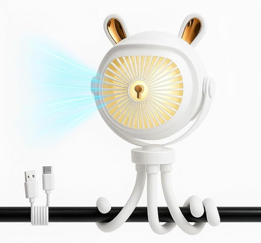 Stroller Fan for Baby with LED Light – Portable Clip-On Fan with Flexible Tripod Legs, USB Rechargeable, 3 Speeds, 120 Minutes Battery Life, Quiet Cooling for Travel, Nursery & Car Seat