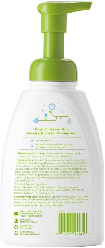 Babyganics Baby Shampoo + Body Wash Pump Bottle, Fragrance Free, 16oz, 3 Pack