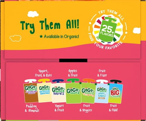 GoGo squeeZ Fruit & veggieZ Applesauce and Puree Variety Pack, Pedal Peach and Boulder Berry, 3.2 oz (Pack of 20), Unsweetened Snacks for Kids, BPA Free Pouches
