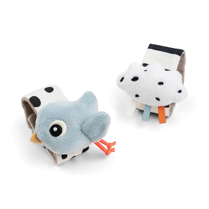 Done by Deer Wrist Rattle Set for Babies - 2-Pack Happy Clouds – Newborn Sensory Toy with Crinkle & Rattle – Soft Blue Baby Bracelets for Wrist or Ankle – from 0 Months