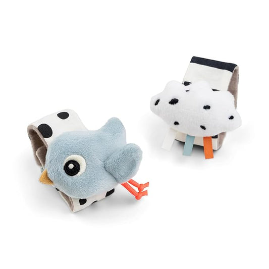 Done by Deer Wrist Rattle Set for Babies - 2-Pack Happy Clouds – Newborn Sensory Toy with Crinkle & Rattle – Soft Blue Baby Bracelets for Wrist or Ankle – from 0 Months