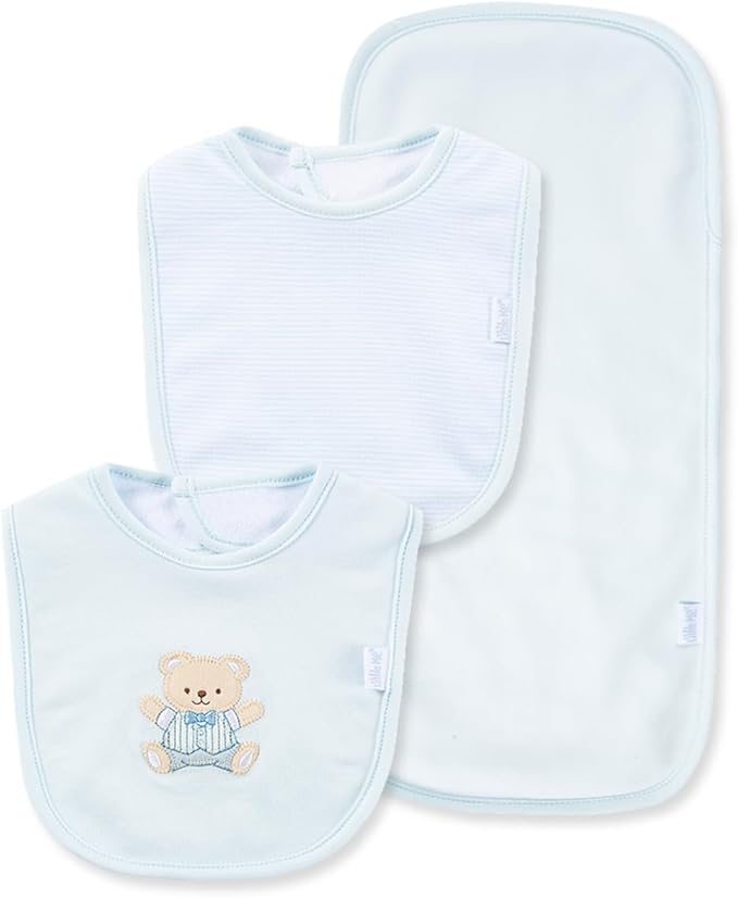 Little Me Clothes for Baby Boys’ and Girls’ 2 Bibs and 1 Burp Cloth Set, Soft Cotton Feeding Essentials with Velcro Closures