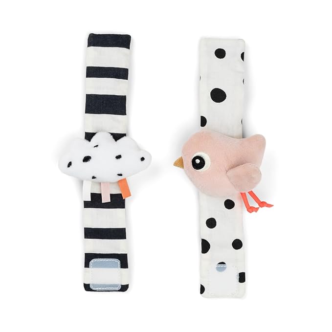 Done by Deer Wrist Rattle Set for Babies - 2-Pack Happy Clouds - Newborn Sensory Toy with Crinkle & Rattle Sound – Soft Baby Bracelet for Wrist or Ankle – Powder Pink – from 0 Months