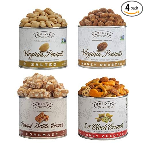 FERIDIES Peanut Sampler Gift Set with Salted Virginia Peanuts, Brittle, Honey Roasted, and 5 O'clock Crunch, 36 Oz 4 Piece Assortment