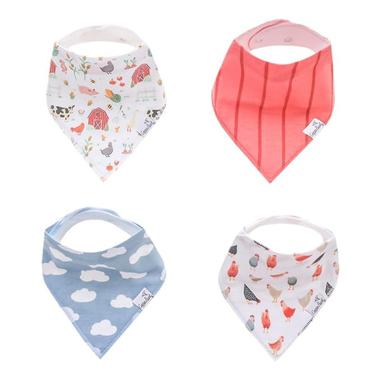 Copper Pearl 4 Pack Soft Cotton Baby Bibs for Drooling and Teething, Absorbent Drool Bibs for Baby Girl and Boy, Adjustable to Fit Newborns to Toddlers, Tons of Styles (Farmstead)