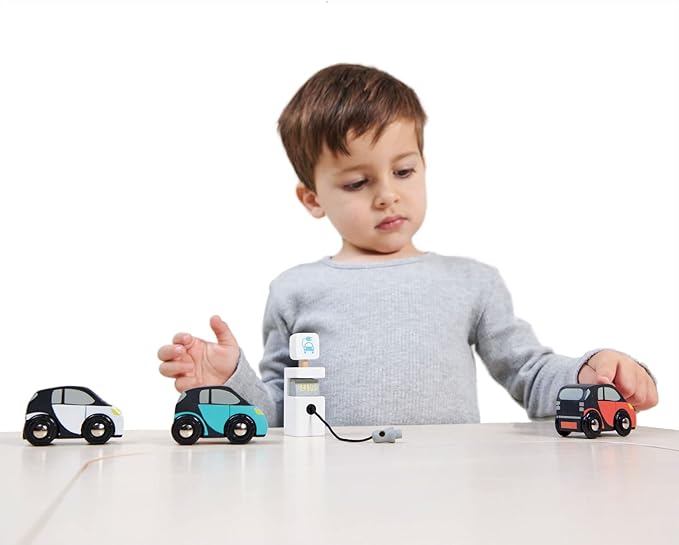Tender Leaf Toys - Smart Car Set - 3 Pretend Electric Wooden Smart Cars with Charging Unit - Open-Ended Play Toy, Explore Role-Play and Imagination, for Boys and Girls Age 18m+