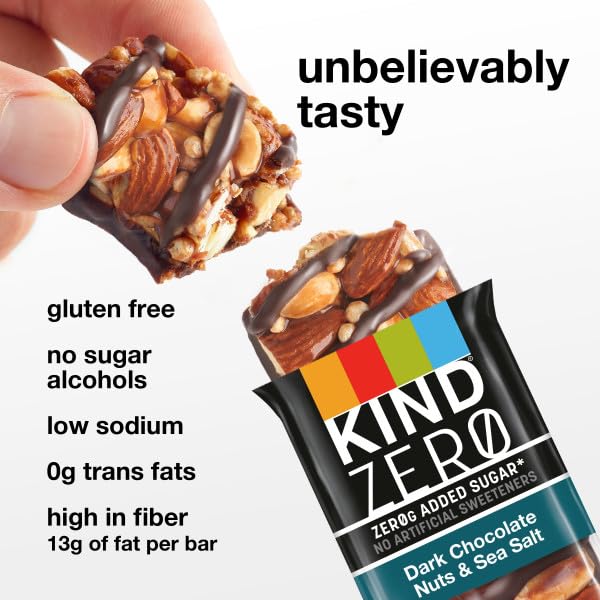 KIND ZERO Added Sugar Bars, Keto Snack, Dark Chocolate Nuts and Sea Salt, Good Source of Fiber, Gluten Free, Low Sugar, 6g Protein, 10 Count