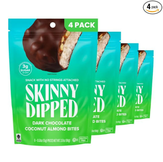 SkinnyDipped Dark Chocolate Coconut Almond Bites, Low Sugar Chocolate Coconut Bar, 3.17oz Resealable Bags, Pack of 4 (24 Bites Total)