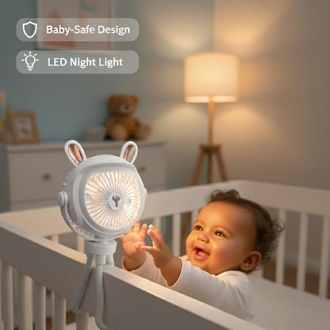 Stroller Fan for Baby with LED Light – Portable Clip-On Fan with Flexible Tripod Legs, USB Rechargeable, 3 Speeds, 120 Minutes Battery Life, Quiet Cooling for Travel, Nursery & Car Seat