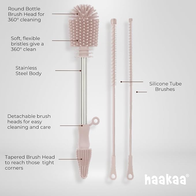 Haakaa Silicone Cleaning Brush Kit – Household Cleaning Brushes for Bottles and Crevices – Food-Grade Silicone: Dishwasher Safe (Brush-Grey)