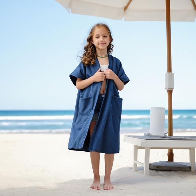 Hiturbo Kids Bath Towel Hoodie: Absorbent Quick Dry Zipper Surf Poncho - Changing Towels Swimming Outerwear (Navy)