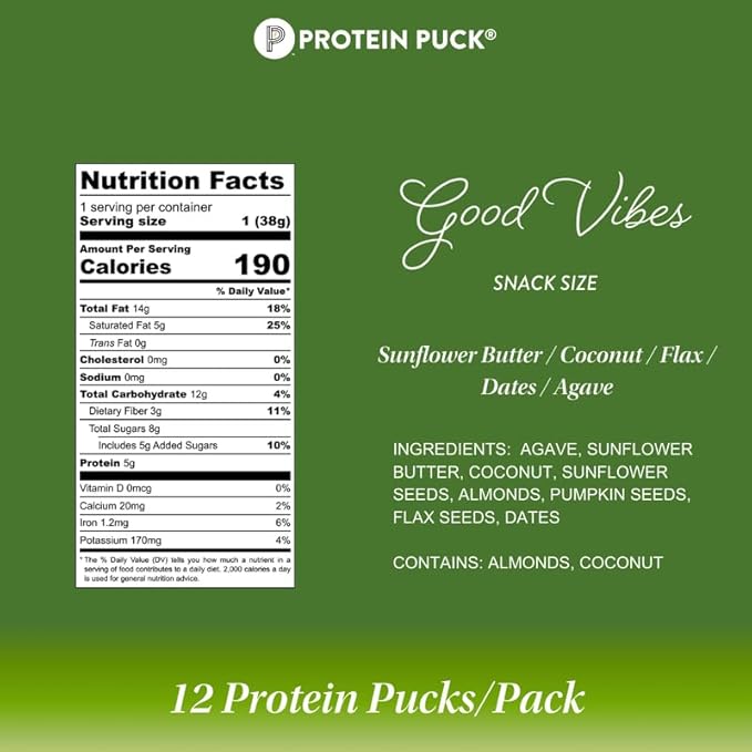 Protein Puck Vegan Plant based Protein Bar – Natural Healthy Snack Bars, 12 Count, 1.34oz Mini, Gluten Free, Dairy Free, No GMO, Kosher – Good Vibes - Coconut, Almonds, Dates, Sport Nutrition