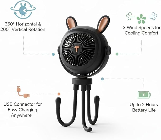 Stroller Fan for Baby with LED Light – Portable Clip-On Fan with Flexible Tripod Legs, USB Rechargeable, 3 Speeds, 120 Minutes Battery Life, Quiet Cooling for Travel, Nursery & Car Seat