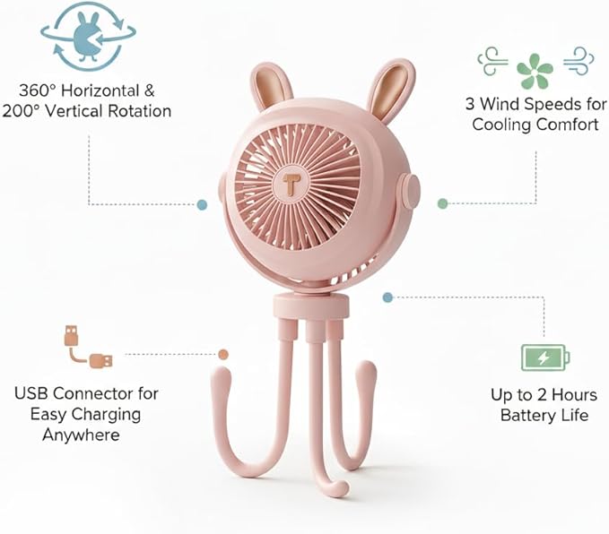 Stroller Fan for Baby with LED Light – Portable Clip-On Fan with Flexible Tripod Legs, USB Rechargeable, 3 Speeds, 120 Minutes Battery Life, Quiet Cooling for Travel, Nursery & Car Seat