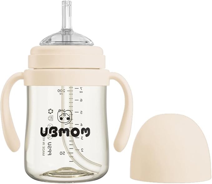 Sippy Cup with Straw and Handle, Spillproof Baby and Toddler Cups with Replaceable Straw, BPA-Free PPSU Sippy Cups for Toddlers, 6.76oz (Beige)