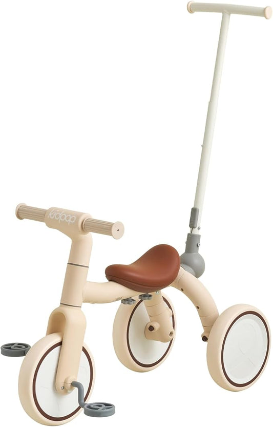 4-in-1 Toddler Tricycle with Adjustable Push Handle for 1-4 Year Old,Birthday Gift and Toy for Boys and Girls Removable Pedals Balance Bike&Scooter (Beige)