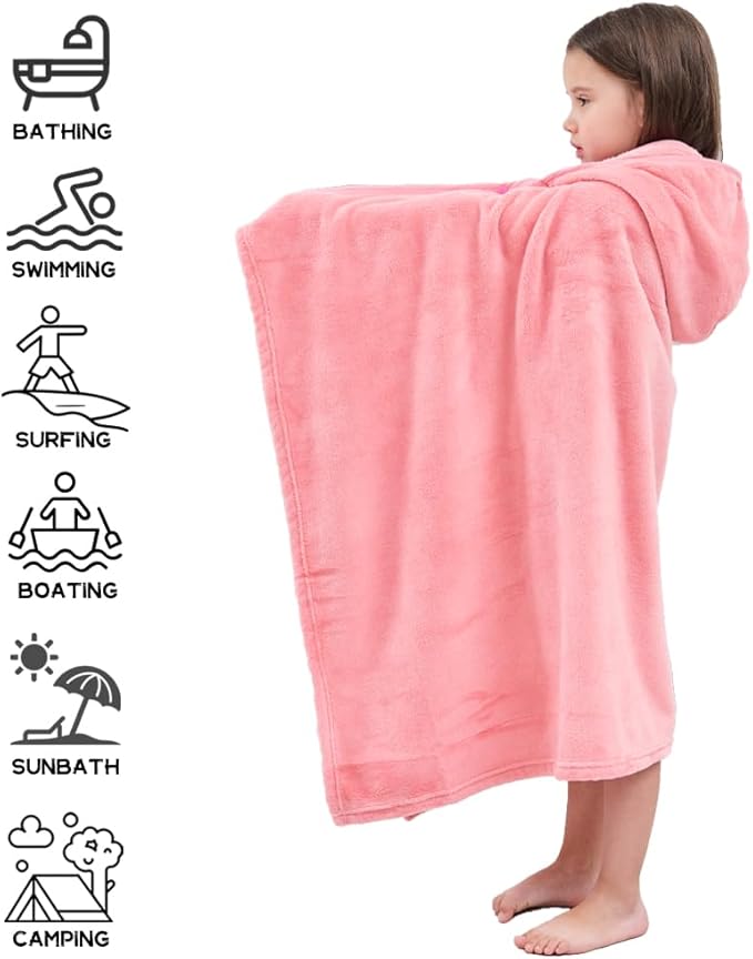 Hiturbo Kids Fleece Hooded Bath Towel: Soft Plush Pool Beach Towel Blanket - 50"x30" Toddler Towels Wrap for Boys Girls 3-12 Years (Pink)