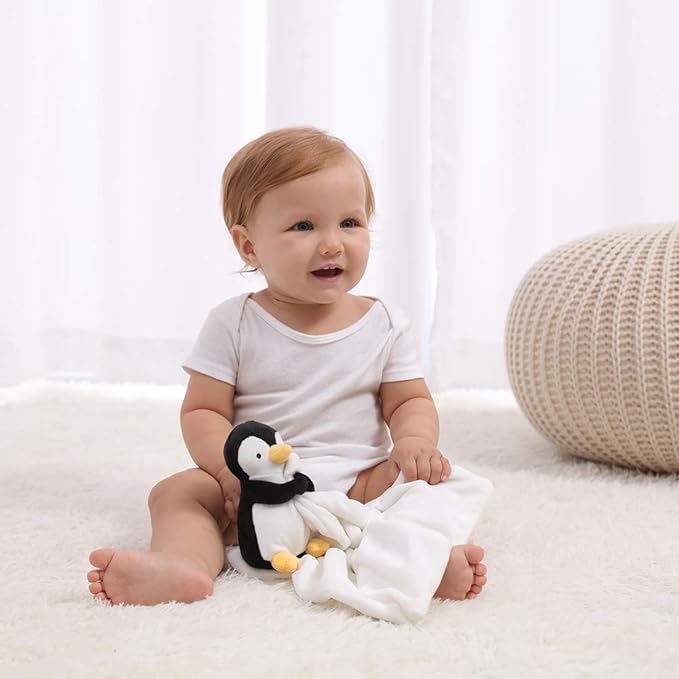 Apricot Lamb Stuffed Animals Security Blanket Black Penguin Infant Nursery Character Blanket Luxury Snuggler Plush(Black Penguin)